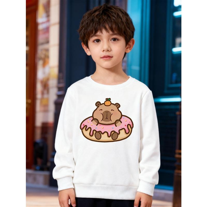 European Sizes Kids' Fashion Sweatshirt, Round Neck Pullover for , Donut Capybara Print, Suitable for Daily Casual Wear and Outdoor Activities