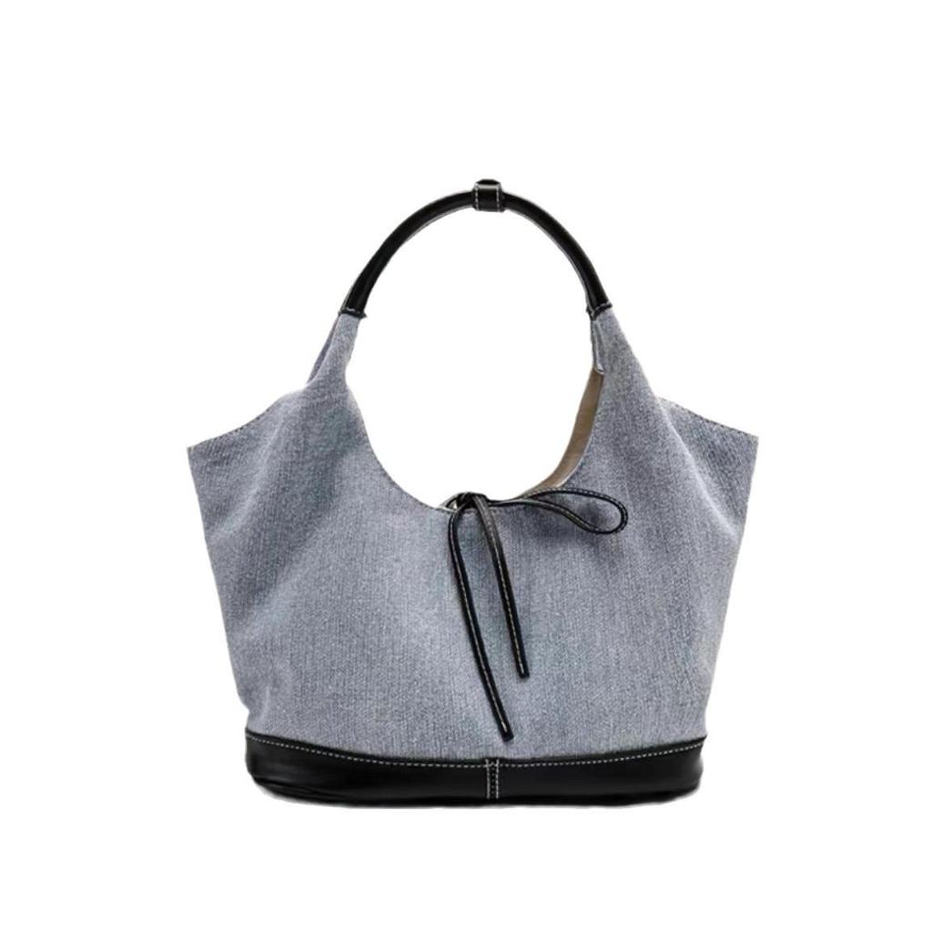 Korean Bow Denim Canvas Patchwork Shoulder Tote Bag - Casual, Large Capacity, Lazy Style for Women