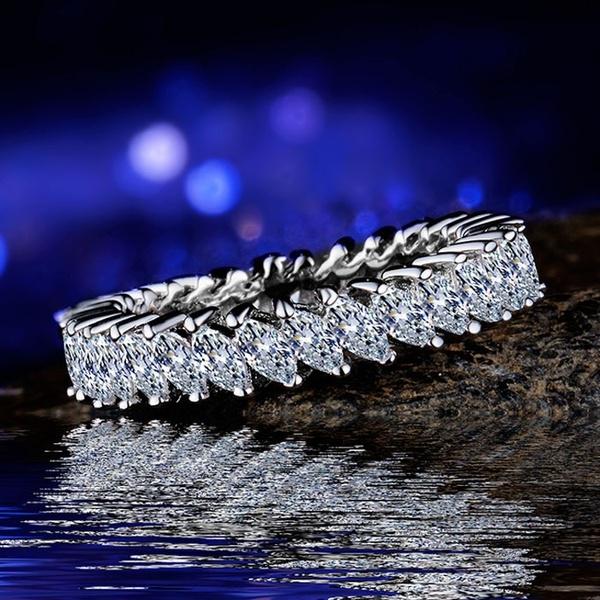 Modeschmuck Damen Silberton Markise-Schliff Weißer Saphir Eternity Ring Größe 6 7 8 9 10