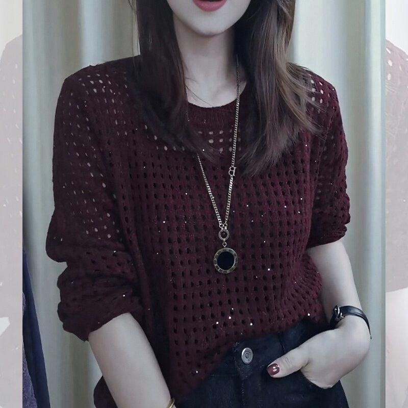 

Elegant and Stylish High-End Red Long-Sleeve Knit Sweater for Women, 2026 Autumn New Round-Neck Hollow-Out Plus-Size Top Red 2XL