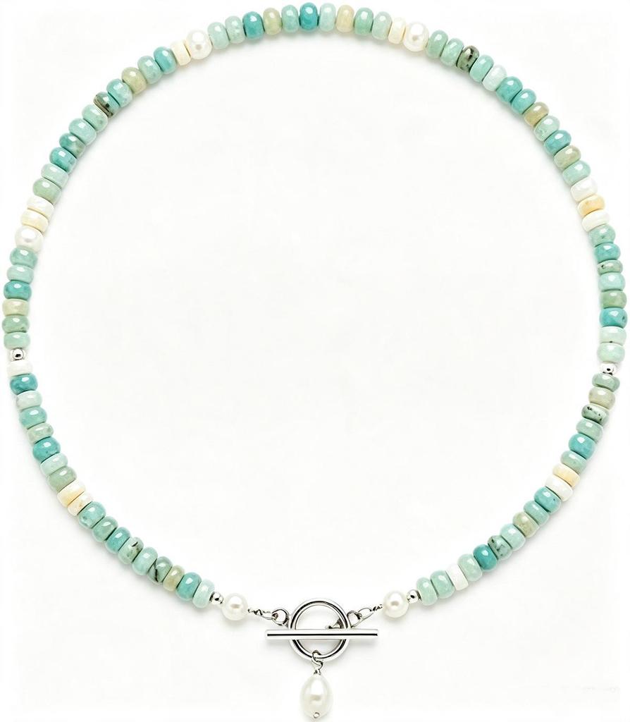 Handmade Color-Block Blue-Green Turquoise Beaded Necklace: French-Inspired High-End Clavicle Chain
