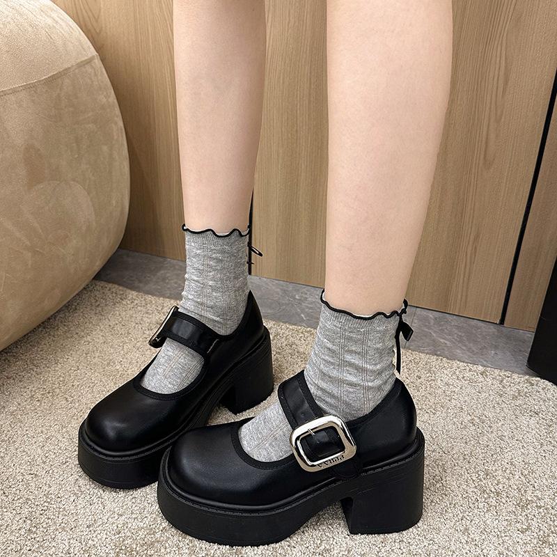 

Увеличение высоты Весна 2025 платформа маленькие кожаные туфли женские черные французские новые высокие каблуки маленький толстый каблук туфли Мэри Джейн 40