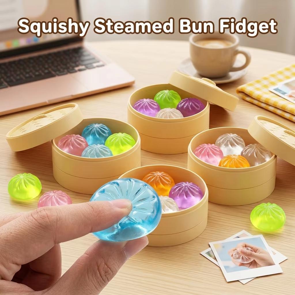 Mini 5Pcs Dumplings With Steamer Bun Squeezable Toy Set Soft Stress Relief Crystal Squishy Fidget Sensory Toy Adults Favors Gift