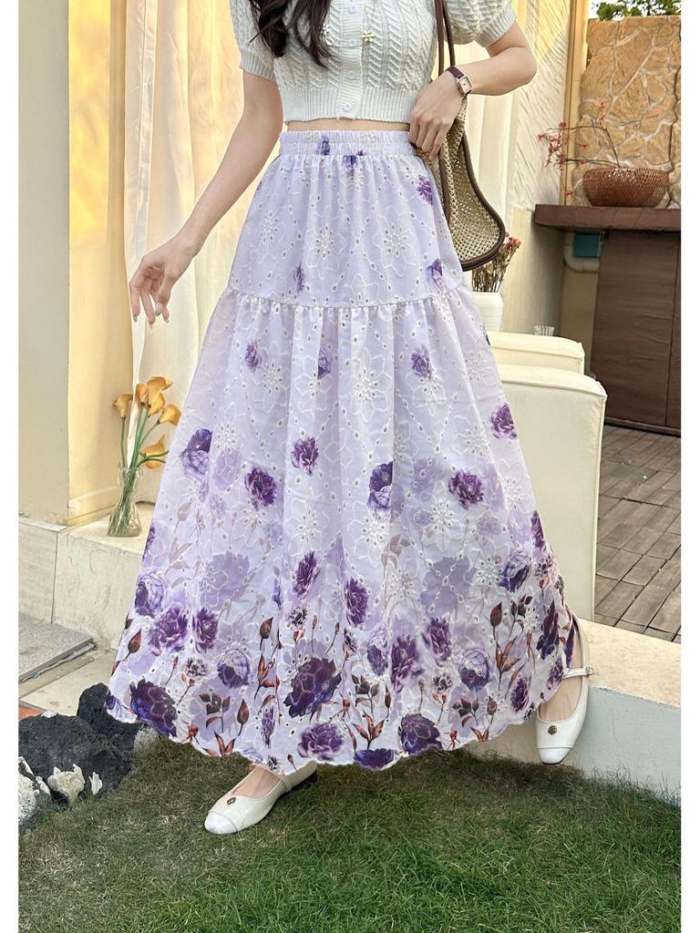 Women's French High Waist Embroidered Crochet Midi Skirt for Autumn/Winter