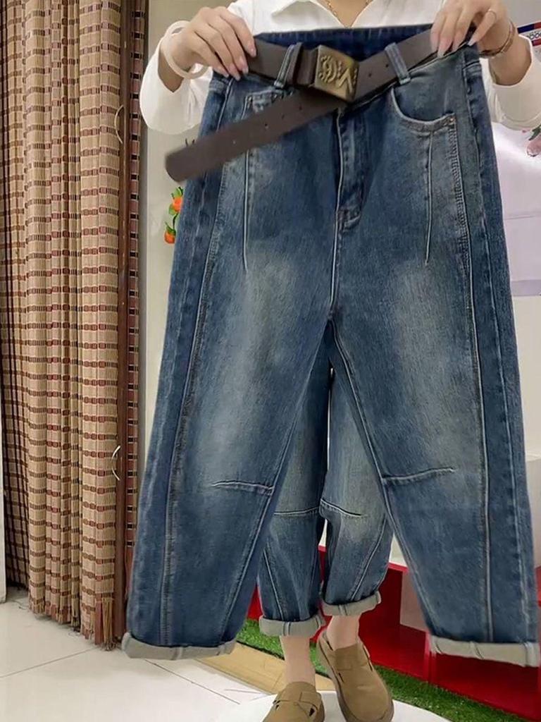 Plus Size Women's High-Waisted Loose Fit Curved Jeans for Pear-Shaped Body – Autumn Slim Nine-Point Dad Pants