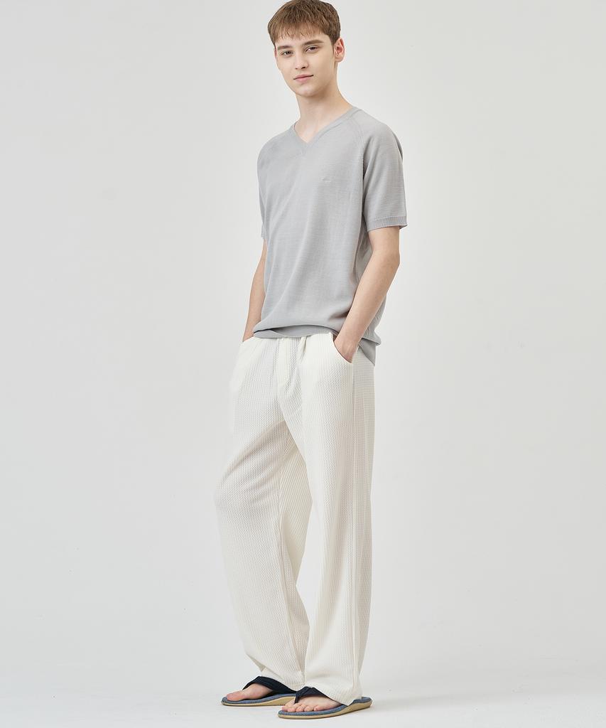 THE-ABON Pin Pattern Stretch Wide Elastic Waist Pants Blue
