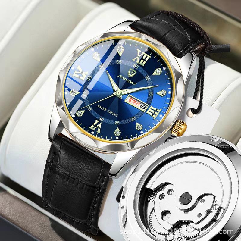 Lysende automatisk mekanisk klokke for menn med dobbel kalender, skjelettdesign, fasjonabelt belte og vanntett kvarts.