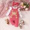 Baby Floral Long-Sleeve Bodysuit Set with Cartoon Bear Overalls, Headband, and Solid Corduroy Pants