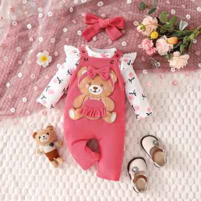 Baby Floral Long-Sleeve Bodysuit & Cartoon Bear Overalls Set with Headband and Solid Corduroy Pants