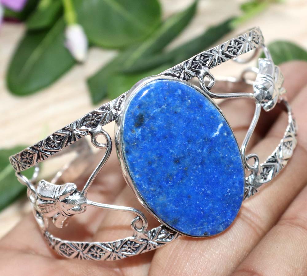 Huge Lapis Lazuli 925 Silver Plated Bangle 6.5" Limited Edition Design Trendy T3W57