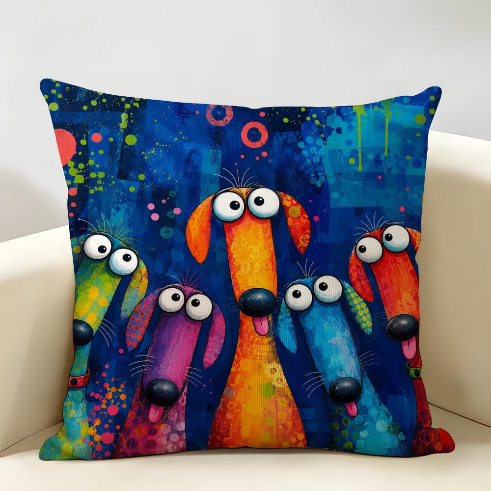 Funny Colorful Whimsical Dog Cushion Cover Natural Linen Organic Fabric Double-Sided Printing Breathable Perfect For Home Decor