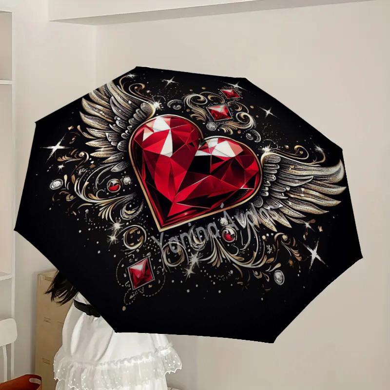 1pc Heart with Wings and Diamonds Umbrella with Plastic Handle,Suitable for All Seasons Home Travel Outdoor UmbrellaDD1371