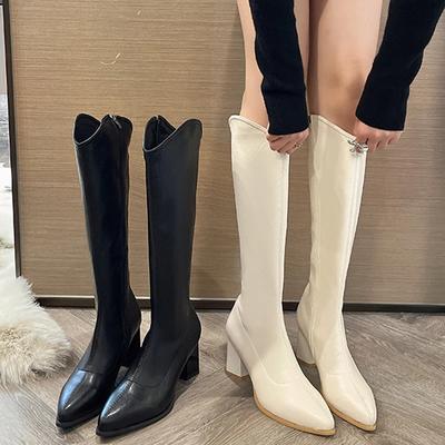 Γυναικείες Μπότες Chelsea μέχρι το Γόνατο με Μυτερή Μύτη, Μεσαία Τακούνια, Χοντροκομμένα Παπούτσια, Μόδα Χειμώνα 2024, Παπούτσια Περιπάτου, Γόβες, Σέξι Παπούτσια Πάρτι Femme