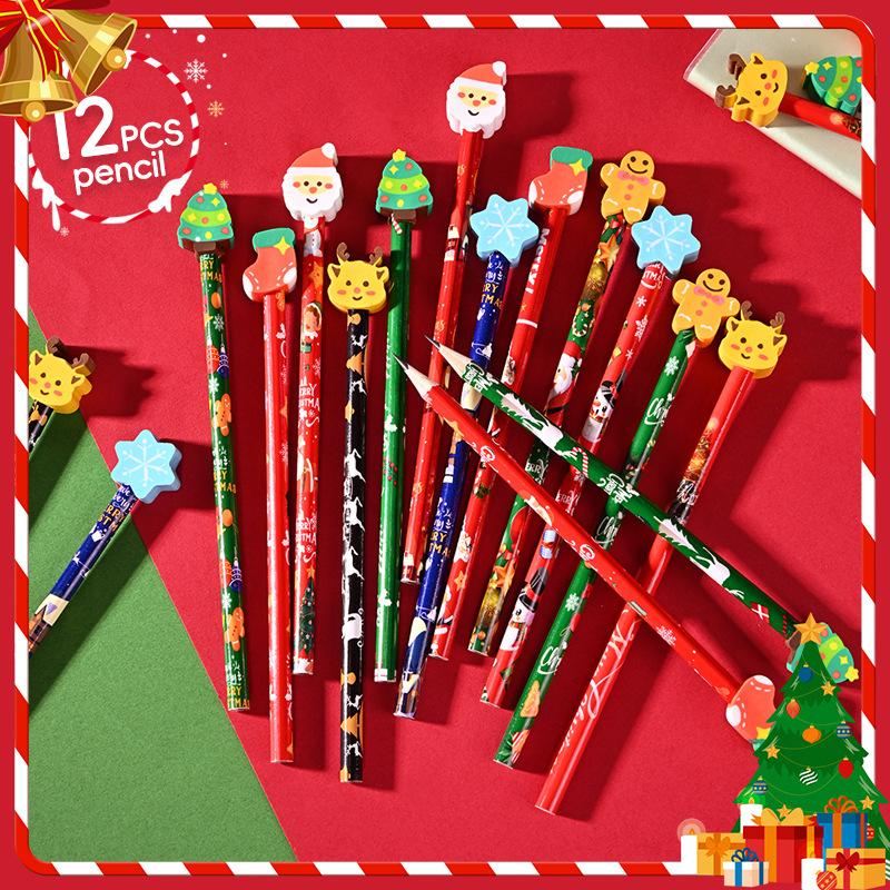 12Pcs Christmas Pencils With Cartoon Eraser Santa Claus Xmas Tree Wooden Pencils For Student School Supplies Children'S Gifts