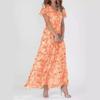 Women's V Neck Short Sleeve Maxi Dress Slim Fit Mid Waist Floral Print Ruffle Hem Chiffon A Line Dress