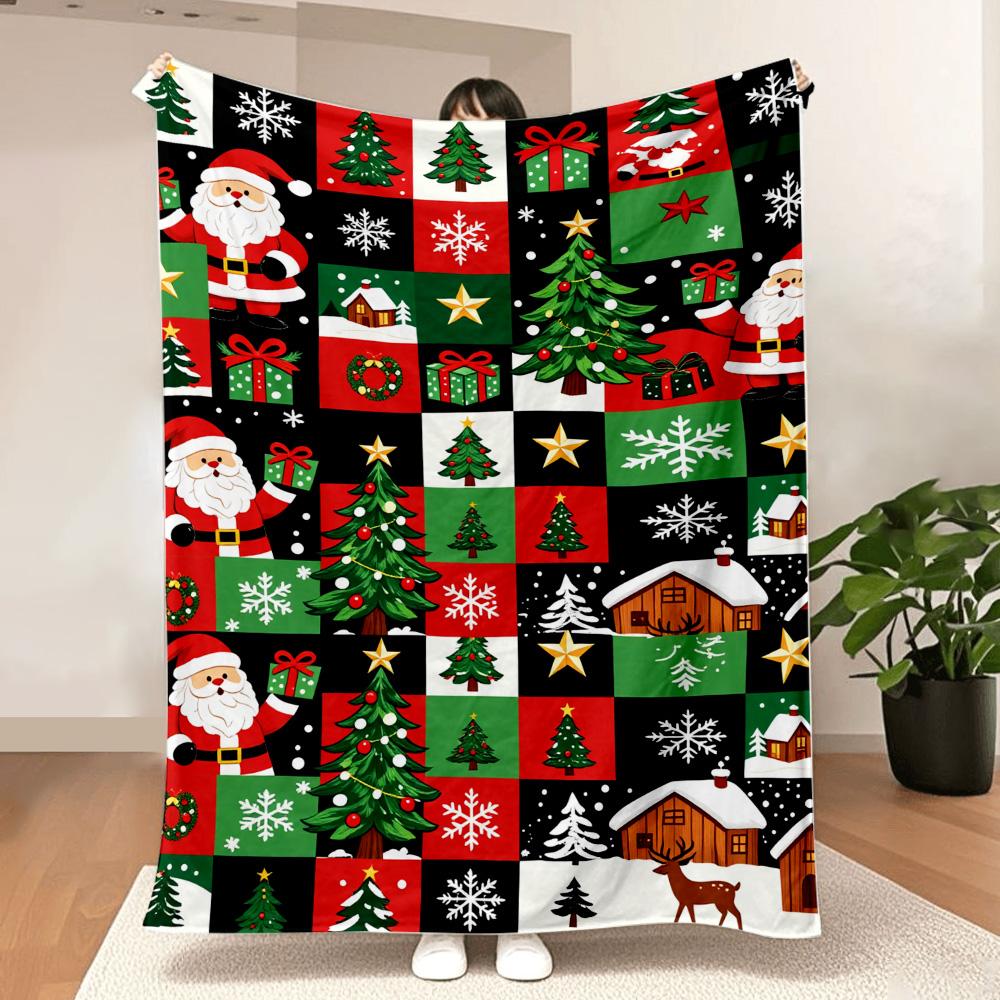 1PC Santa and Christmas Tree Print Blanket — Made of soft plush flannel, it's lightweight and durable, perfect for sofas, beds,