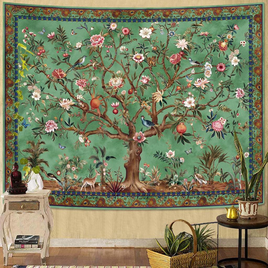Boho Tree Of Life Tapestry, Vintage Flower Leaves Birds Plant Animal Pattern Tapestries, Retro Indian Bohemian Aesthetic Wall
