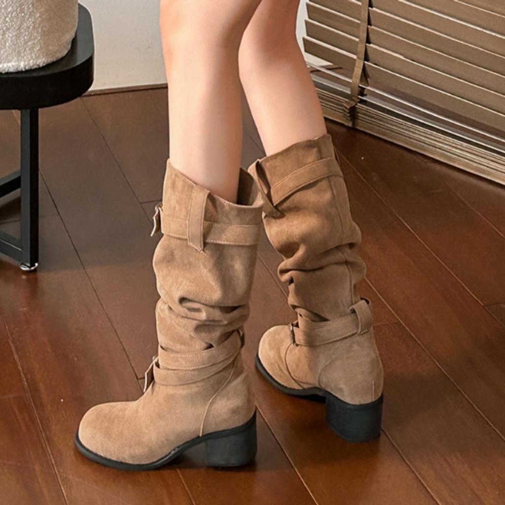 Cowhide Version~ Retro Pleated Round Head Thick Heel Stacking Boots 2025 Summer New Khaki Suede But Knee Boots