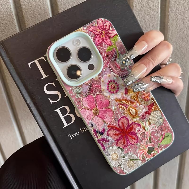 Phone Case For iPhone 17 Pro Max 16 13 14 12 11 15 8 7 Plus XS XR X 17E Air with Floral And Beaded Ocean Patchwork Design Cover
