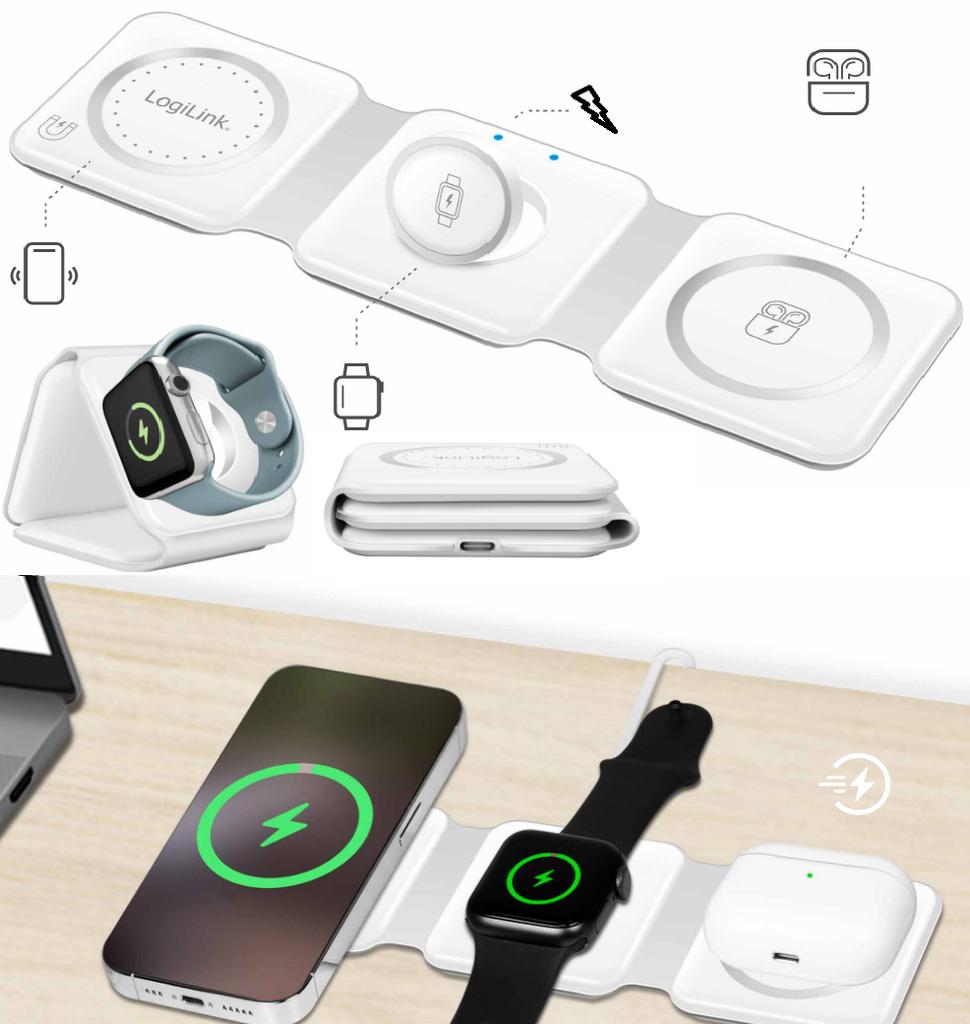 LogiLink 15W Foldable Qi 3-in-1 Wireless Charger for iPhone Apple Watch AirPods White