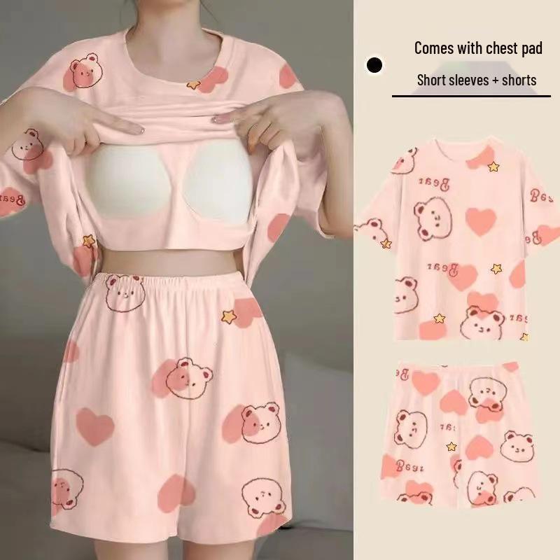 Korean Style Women's Cartoon Pajamas Set with Built-in Bra - Short-Sleeved, Loose, Plus Size, Summer Homewear