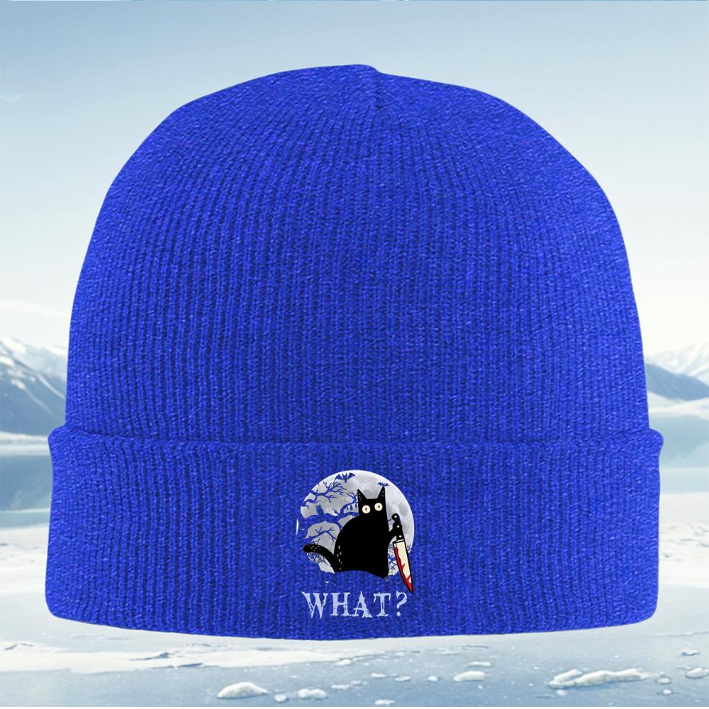 Black cat with a bloody knife What Men Women Unisex Knitted Hat Beanie Pullover Cap Winter Thermal Warm Christmas Outdoor Cycli
