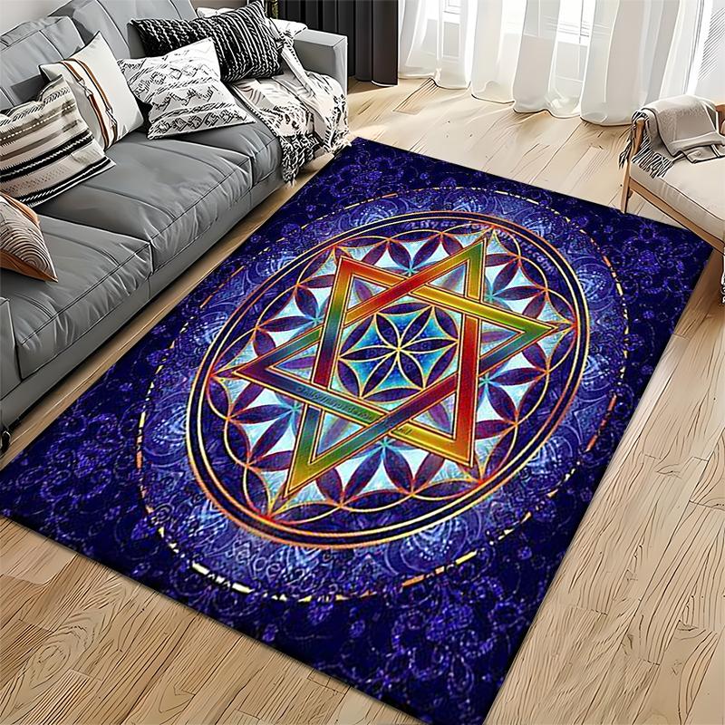 Area Rug, Star of David Flower of Life Sacred Geometry Blue Gold Rainbow Print, Meditation Room Decor, Non-Slip Mat