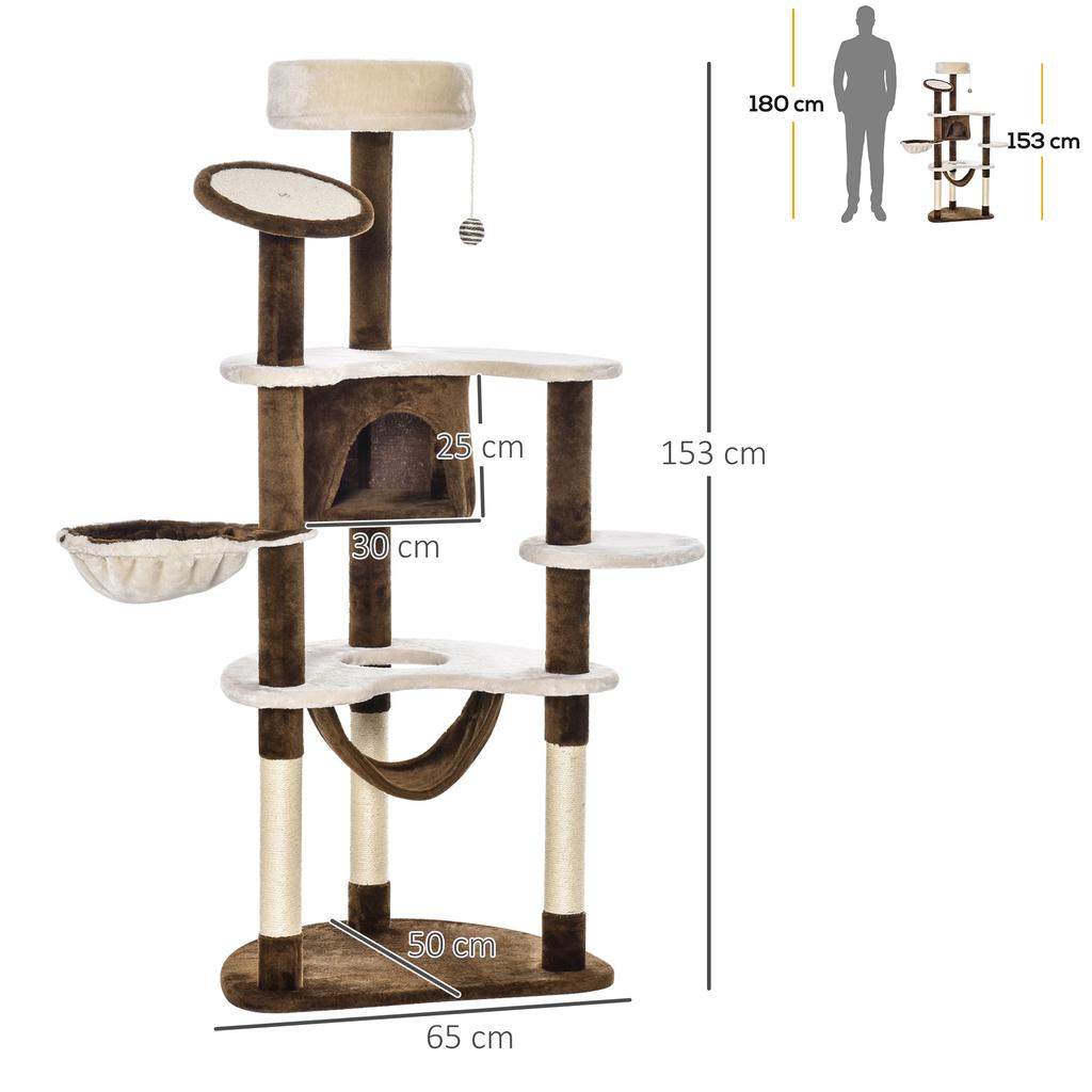 XXL Cat Tree 153H cm with Cat Cave, Hammock, Climbing Tree for Cats, Plush Brown for Play & Relaxation