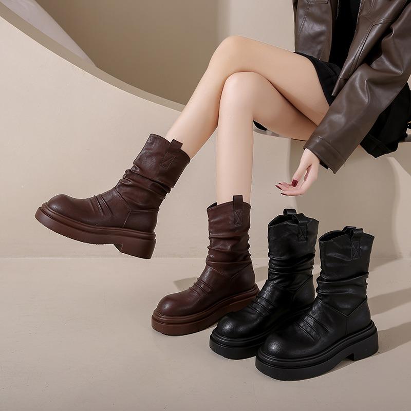 Thick-soled Martin Boots, New Women's British Retro Short Boots, Increased Height and Thinness, Thick Heels, Stacked Boots, Medium Boots
