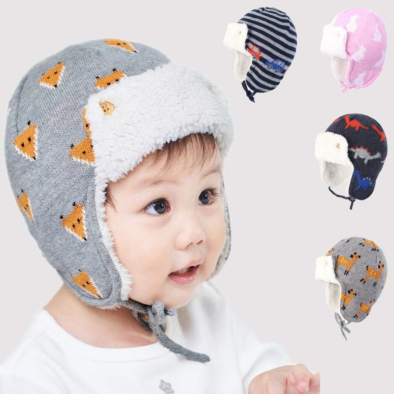 Gajaous Baby Boys Girls Winter Animals Earflap Beanie Hat Kids Infant Dinosaur Fox Pattern Fleece Lining Warm Hat