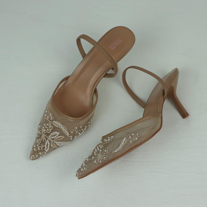 Fashion Women's Sandals 2025 Summer Brand Designer Ladies Flower Mesh Open Heel Shoes Sexy High Heel Pointed Toe Stiletto Pumps Mules