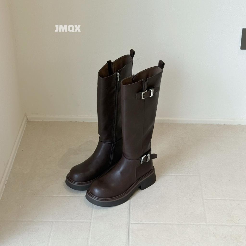 Leather Platform Boots Women's 2025 New Spring and Autumn Knee Knight Boots Brown High Boots Belt Buckle Boots