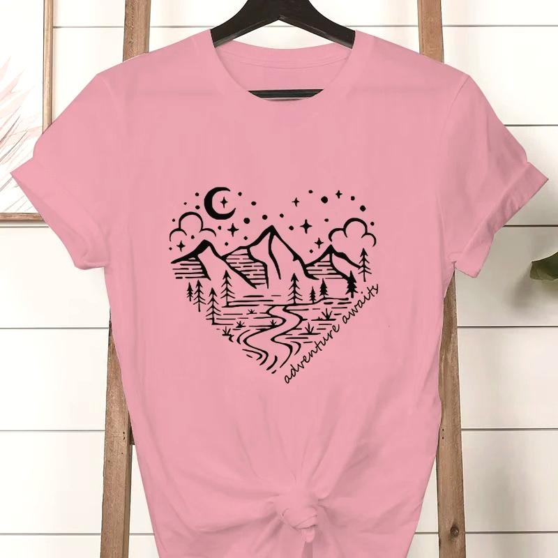 Fashion Women Summer Mountain Hiking Camping Print Adventure Awaits Crew Neck Short Sleeve Tee Tops