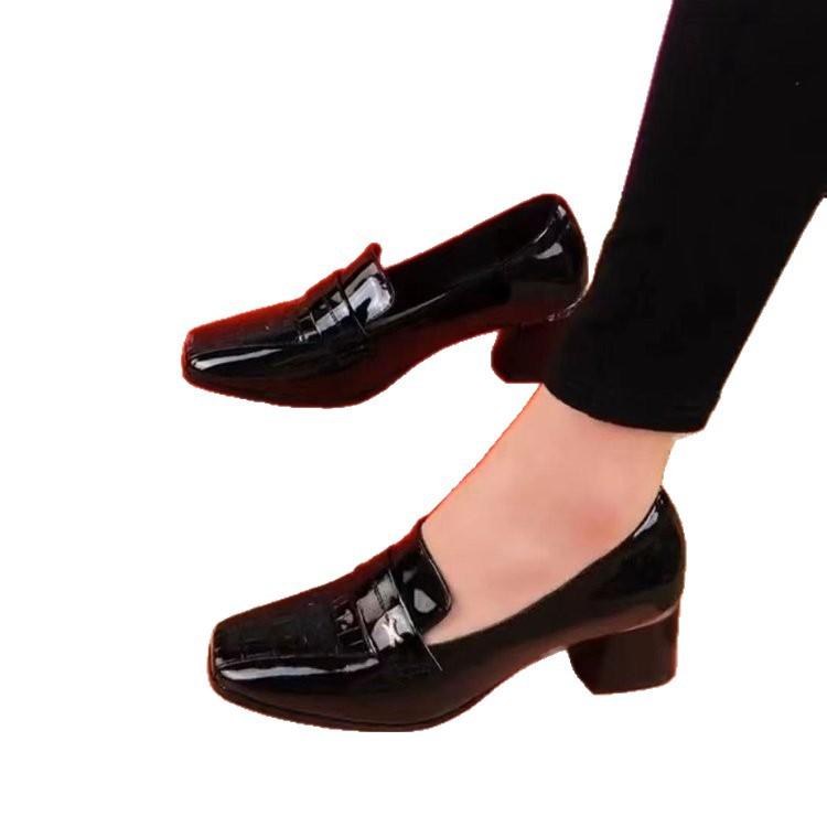 Time square head thick heel high heel single shoes women's 2025 new autumn British style small leather shoes medium heel patent leather women's shoes
