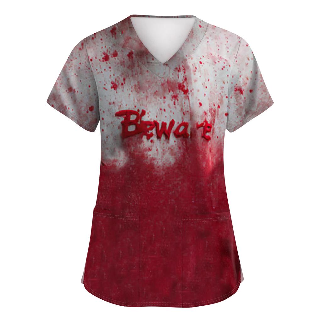 Women's Fashion Short Sleeve Halloween Print V-Neck Pocket Workwear Tops