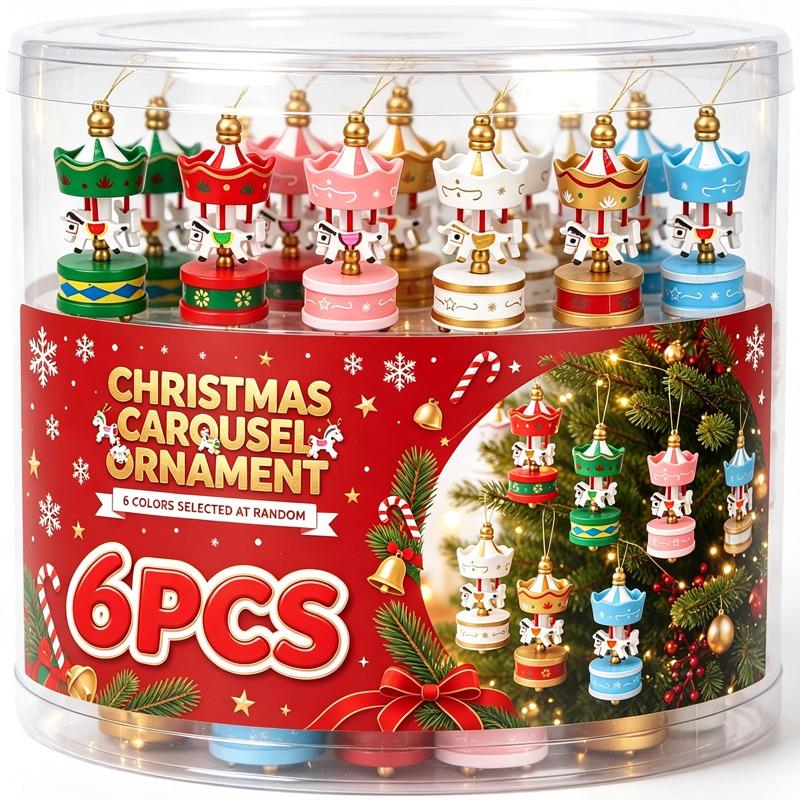 Wooden Carousel Horse Christmas Ornaments Mini Xmas Tree Hanging Pendants Holiday Home Decor Kids Festival Present Supplies