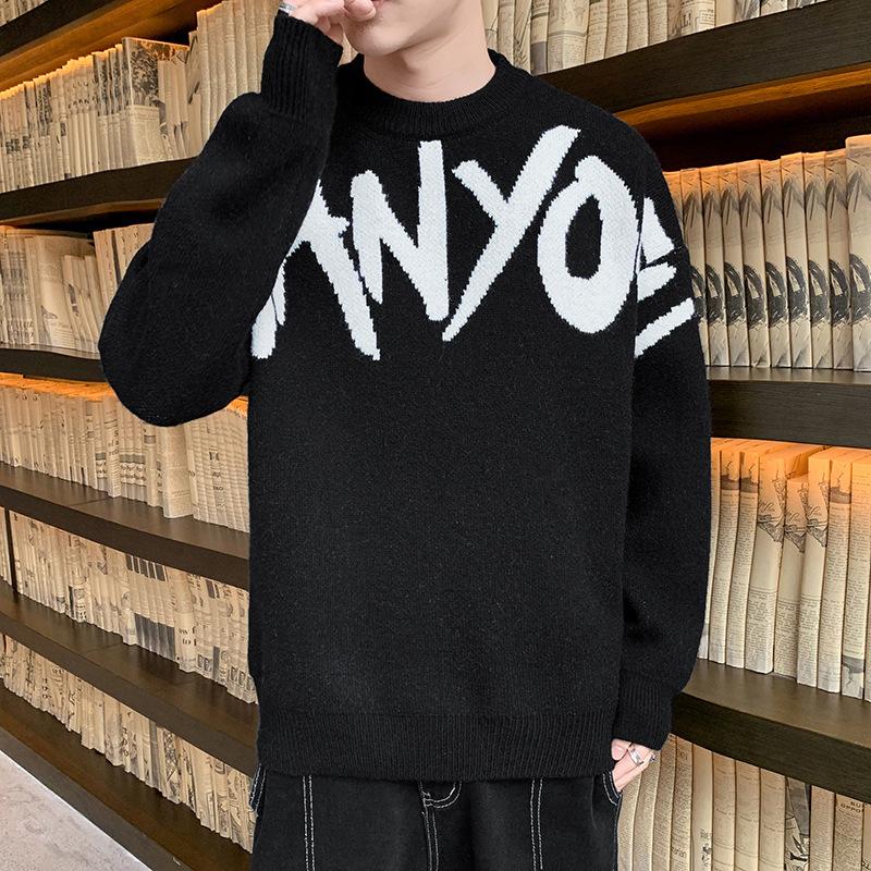 Japanischer Retro-Buchstaben-Jacquard-Strickpullover für Herren, Herbst, Trendmarke I Lockerer Rundhals, lässige warme Strickjacke