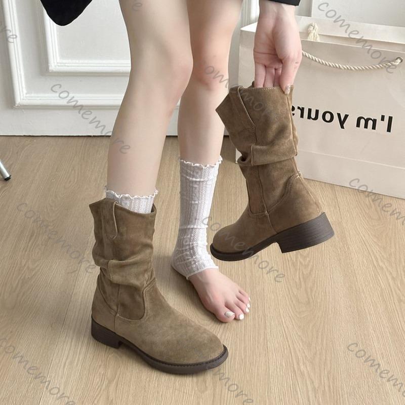 Comemore Damskie Botki na Grubym Obcasie Botki do Połowy Łydki Damskie Jesienne Buty Casualowe Jednolite Zamszowe Kowbojki Bota Feminina