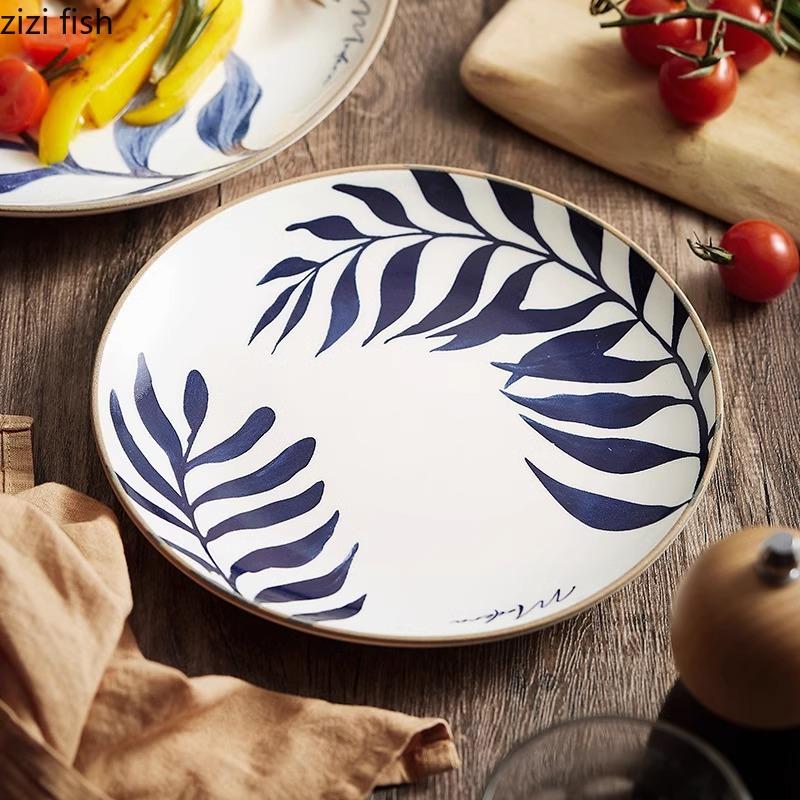 Blue Leaf Ceramic Shallow Plate Creative Steak Plate Dessert Plate Salad Plates Sushi Snack Plates Hotel Featured Tableware