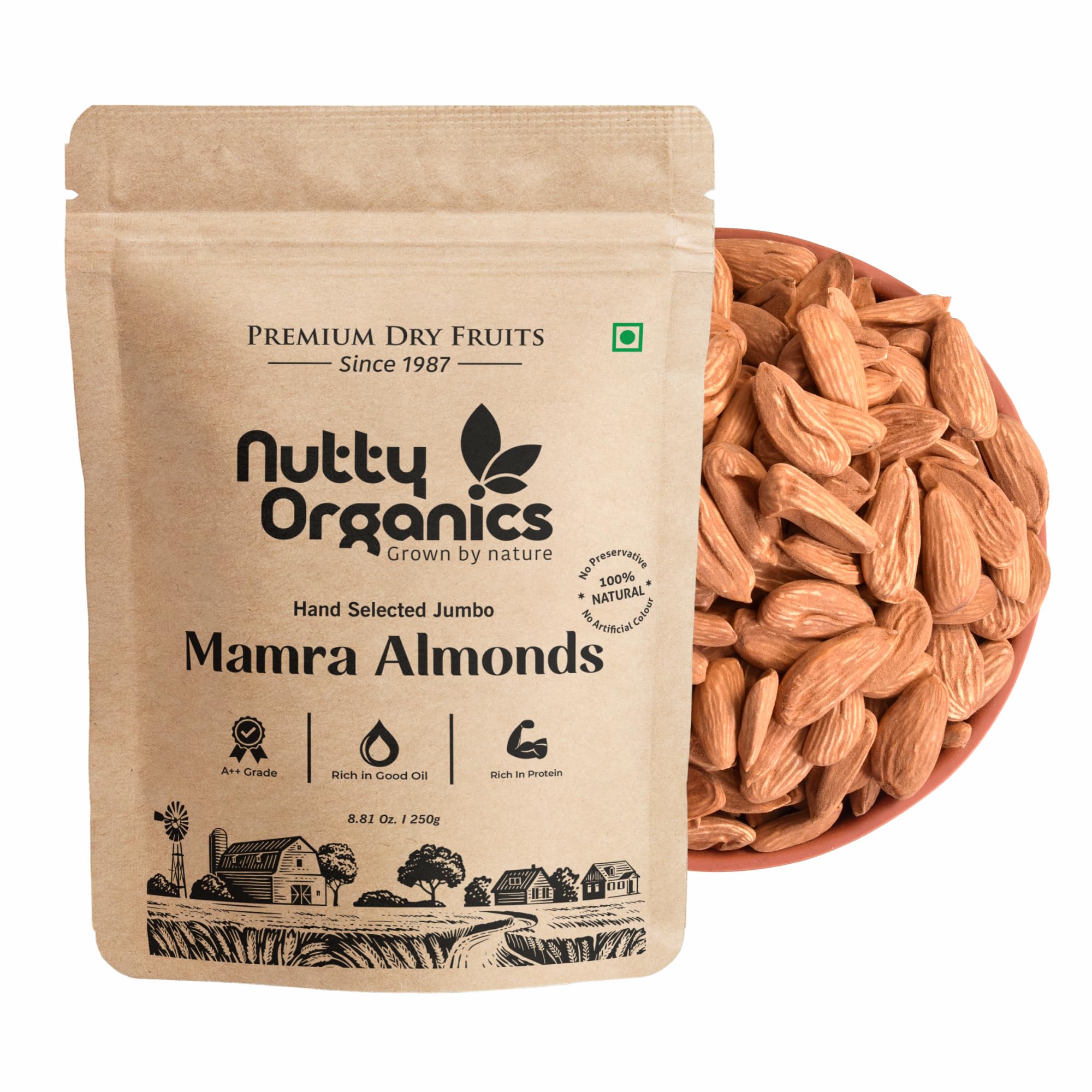 

Nutty Organics Миндаль Мамра - 250 г (Орехи сорта А++, Премиум, Богатые маслом) Самый богатый натуральный источник витаминов, магния и белка | Специально для мам