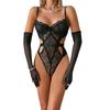 Women’s European and American Sexy Black Lace Sheer Bodysuit, Cut-Out Mesh Shapewear, Erotic One-Piece Lingerie