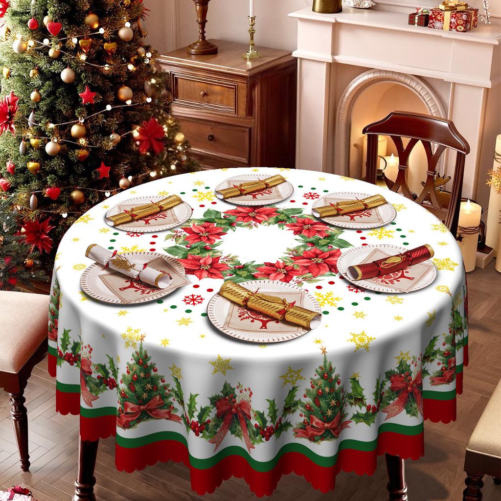 Weihnachtstischdecke, Weihnachtsbaum Rotes Band Wasserdichte Tischdecke, Runder Tisch Verfügbar, Esstisch Dekorationsabdeckung