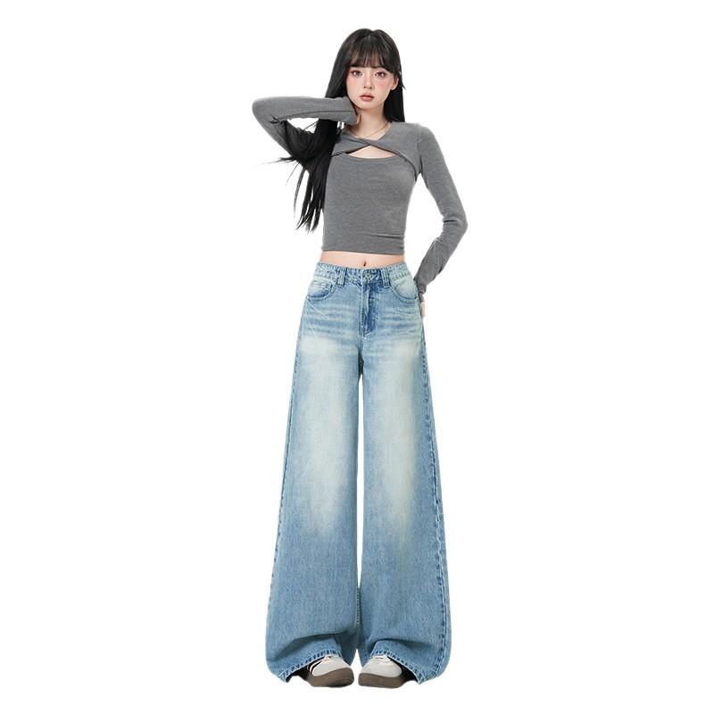 American retro light blue wide-leg jeans women's new high-waisted loose lazy wind mopping straight pants