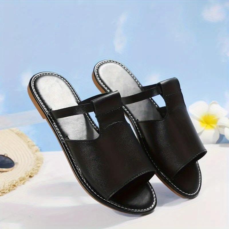 Women's Cut Out Slide Sandals, Trendy Faux Leather Flat Slide Sandals, Lightweight Slip On Outdoor Shoes