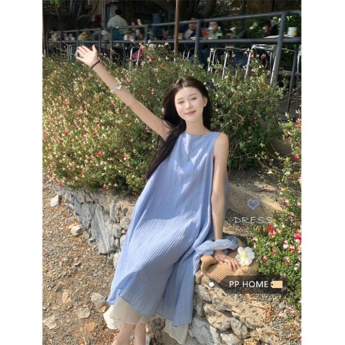 

Simple style, fashionable and versatile, solid color jacquard texture, French temperament, waist and thin vest, long dress. S синий