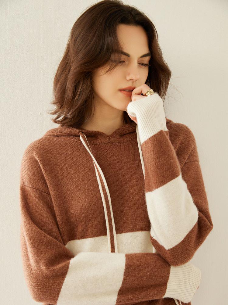 Women's Color Block Cashmere Hooded Pullover - Loose Casual Knitwear Top