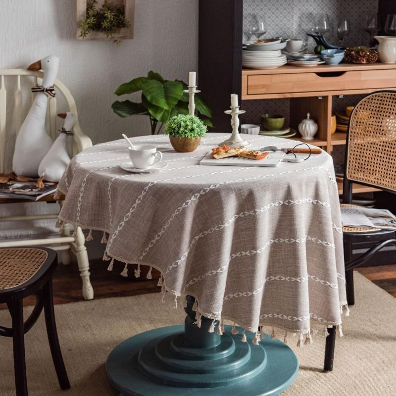 Cotton Tablecloth With Tassel Fringe Embroidered Stripe Round Dining Table Cover