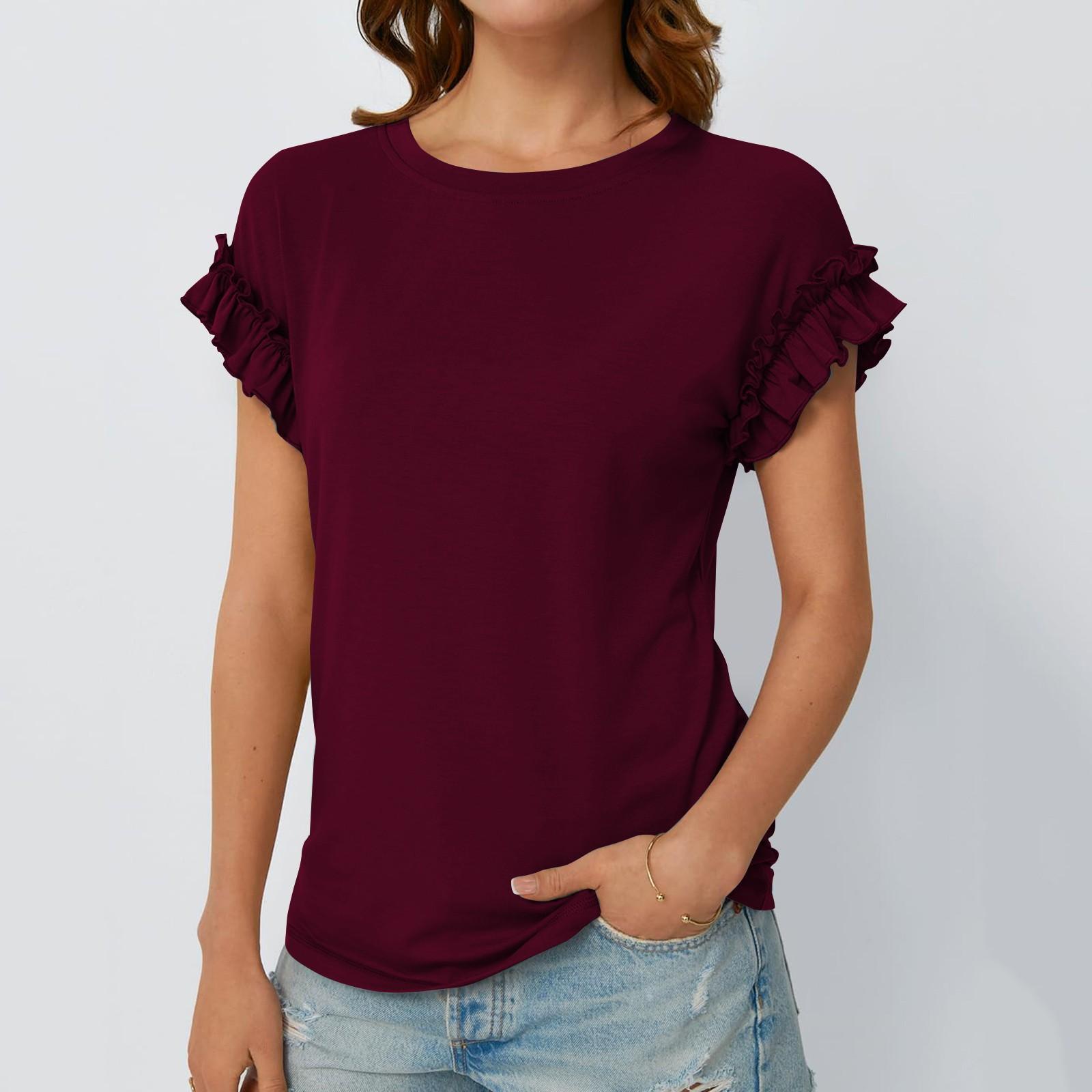 

Женская модная повседневная футболка с круглым вырезом и оборками на плечах, однотонная футболка L