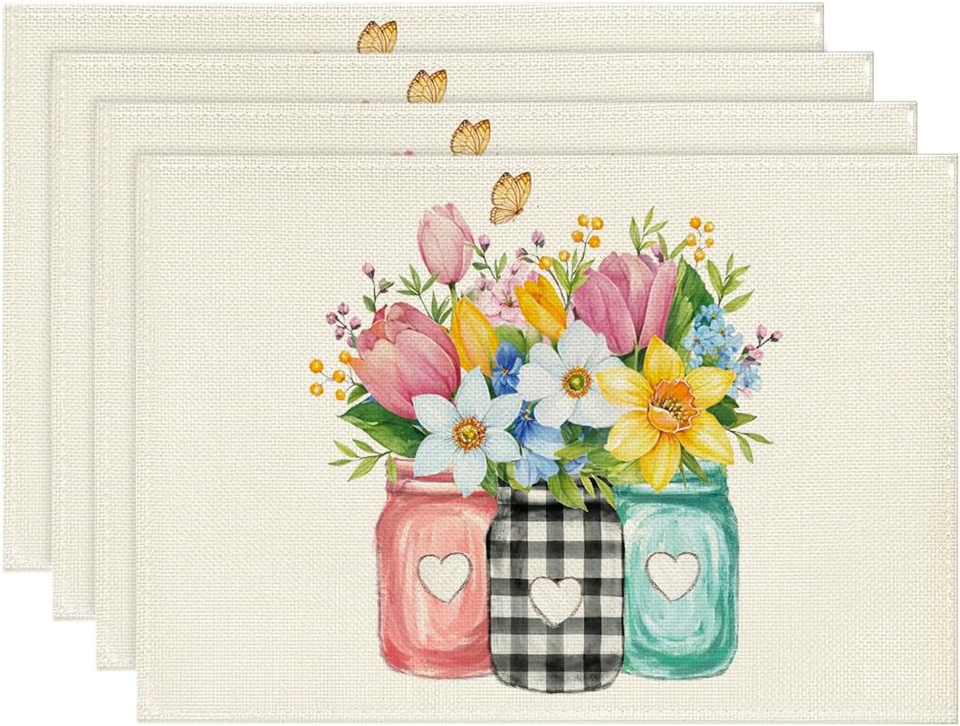 

Bottle Wild Flowers Butterfly Spring Placemats Set of 4, 12x18 Inch Seasonal Summer Holiday Table Mats for Party Kitchen Dining Decoration 4pcs-12x18