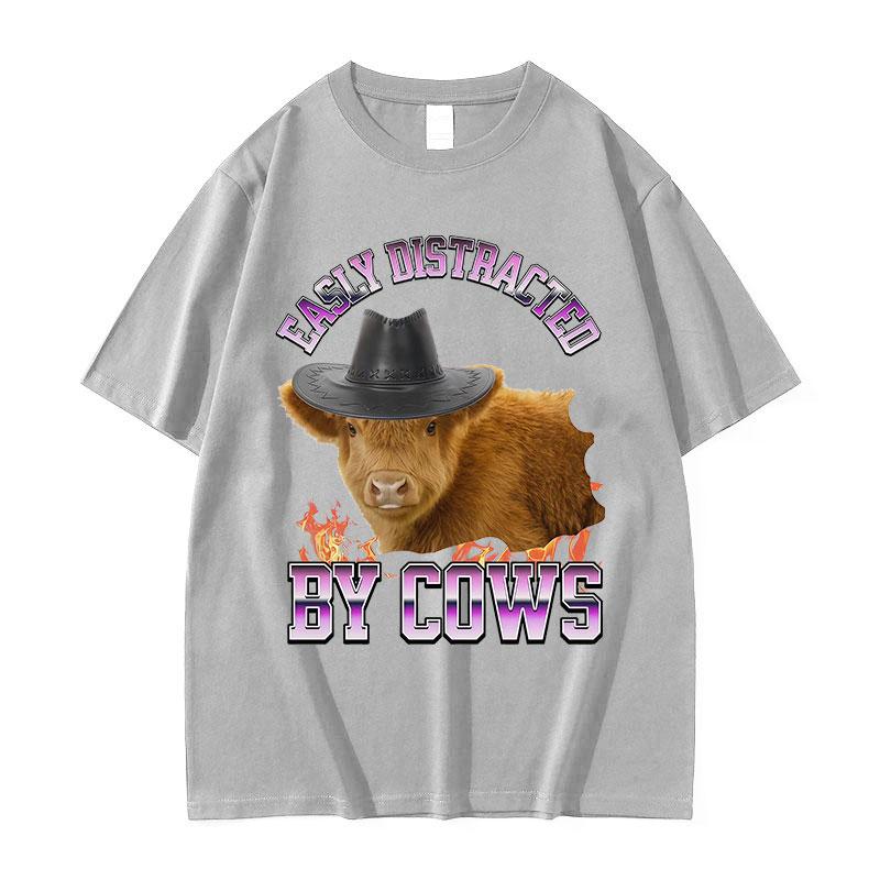 Easily Distracted By Funny Cows Meme TShirt Unisex Summer Casual ONeck Cotton T Shirt Retro Oversized Short Sleeve Tshirts